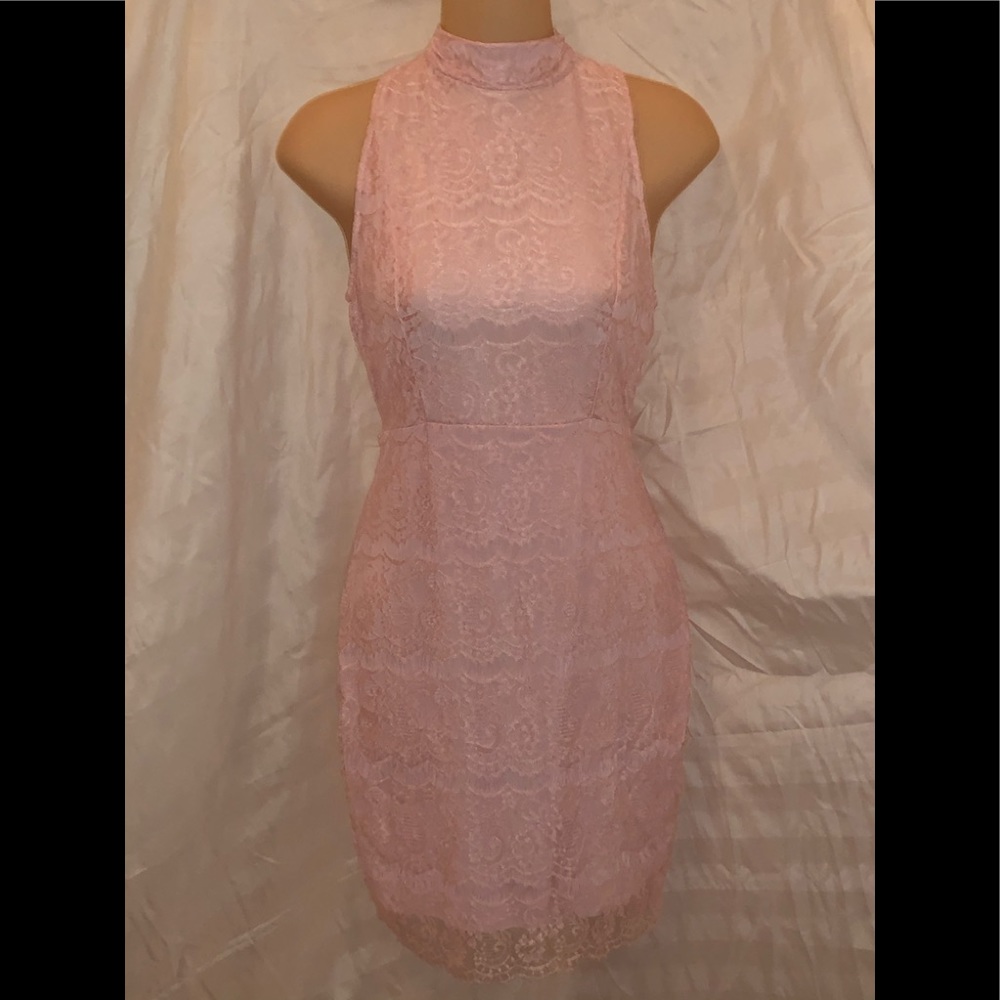 Powder Pink Lace Bodycon High Neck Dress